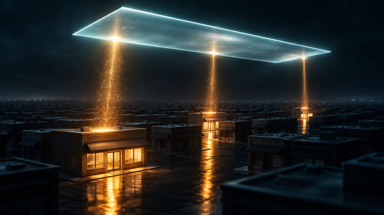 The same dark town seen closer, with three businesses lit from above and the rest of the street in shadow