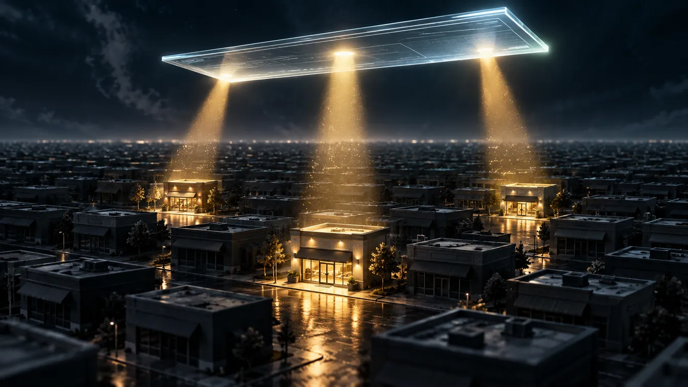 A glowing panel hovering above a dark town at night, beaming light down onto three lit storefronts while every other building stays dark