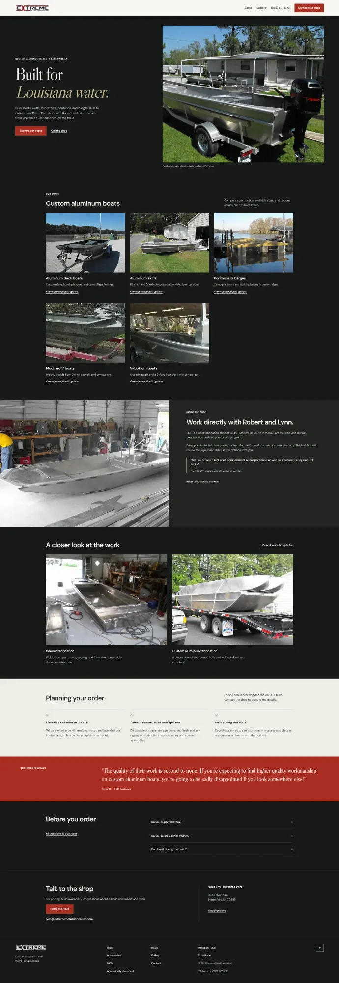 The new homepage: a dark layout headlined Built for Louisiana water, with a photo of a finished aluminum boat outside the shop and the shop’s phone number in the navigation