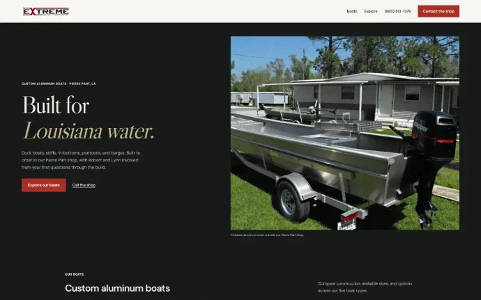 The new homepage: a dark layout headlined Built for Louisiana water, with a photo of a finished aluminum boat outside the shop and the shop&rsquo;s phone number in the navigation