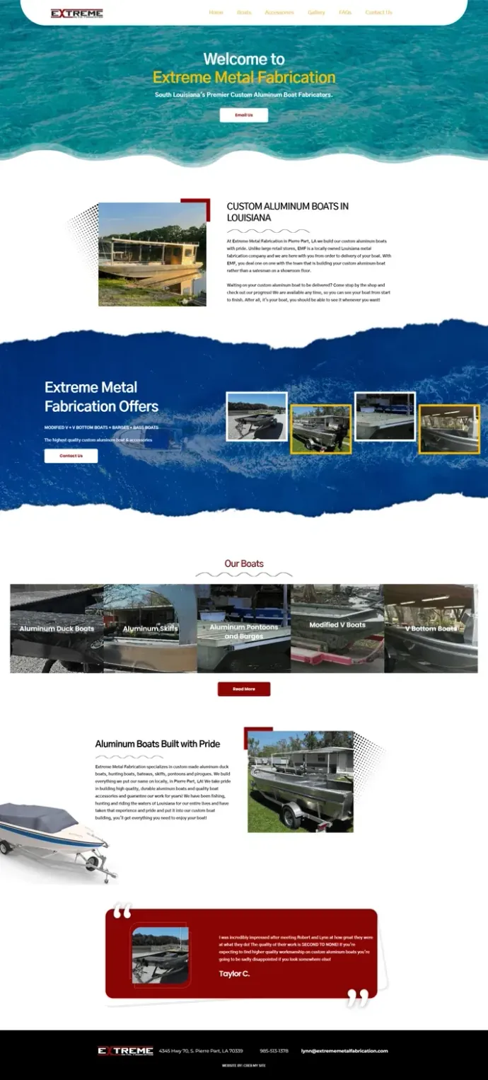 The old homepage: a turquoise stock-water hero with the headline Welcome to Extreme Metal Fabrication and an Email Us button