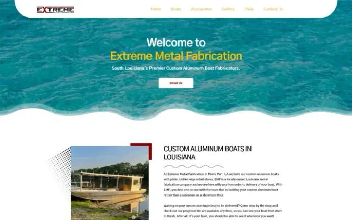 The old homepage: a turquoise stock-water hero with the headline Welcome to Extreme Metal Fabrication and an Email Us button