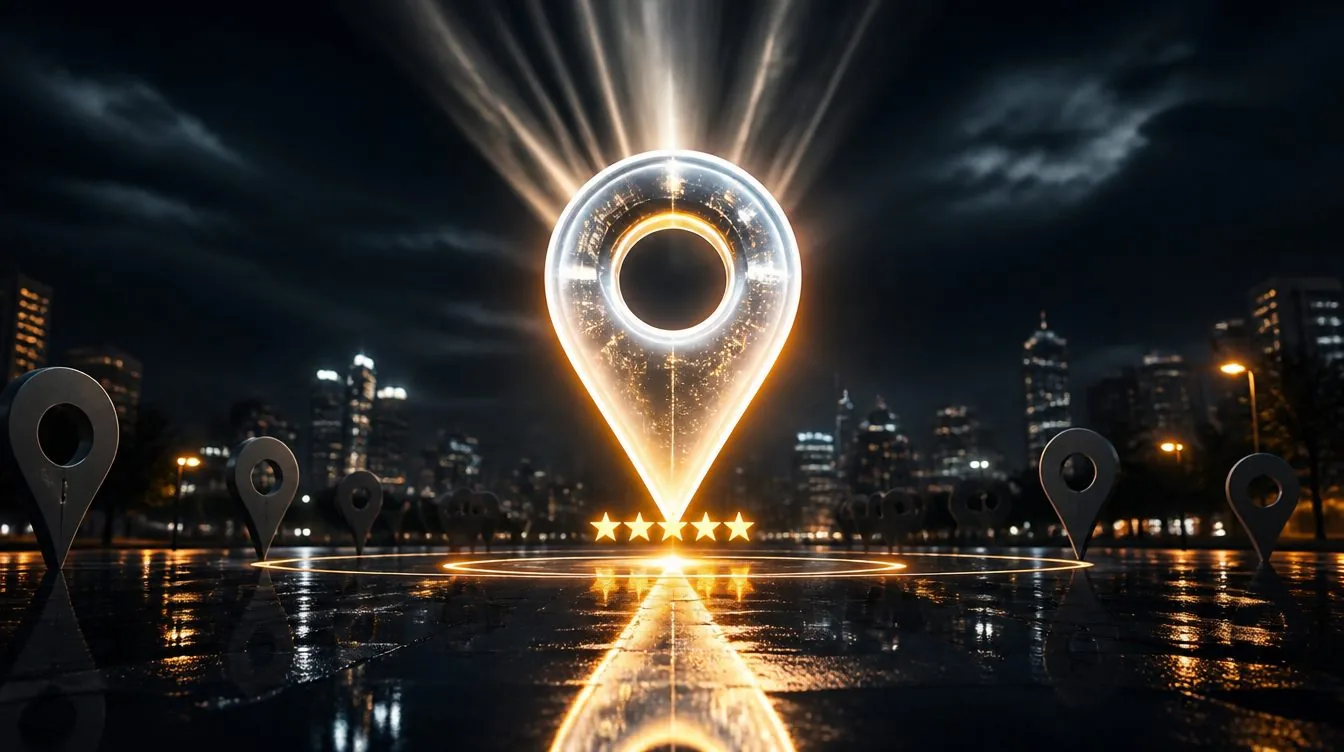 A single brightly lit map pin glowing above a dozen dark, unlit pins on a city street at night
