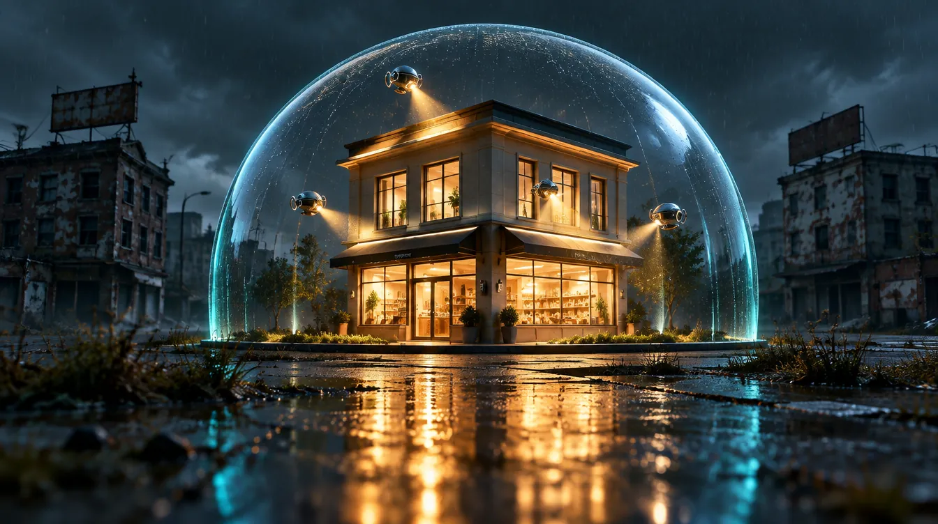 A brightly lit, well-kept storefront standing under a protective glass dome with maintenance drones tending it, while the buildings around it sit dark and derelict