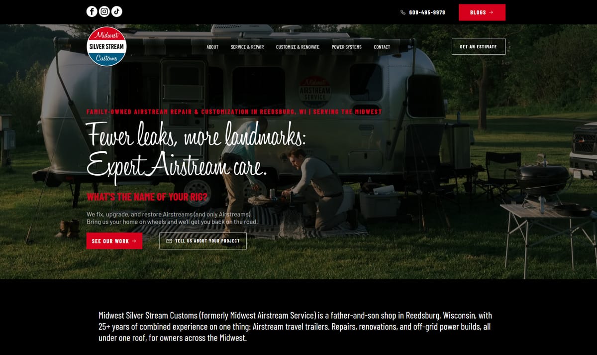 Home page of Midwest Silver Stream Customs, showing an Airstream parked at a wooded campsite behind the headline Fewer leaks, more landmarks: Expert Airstream care