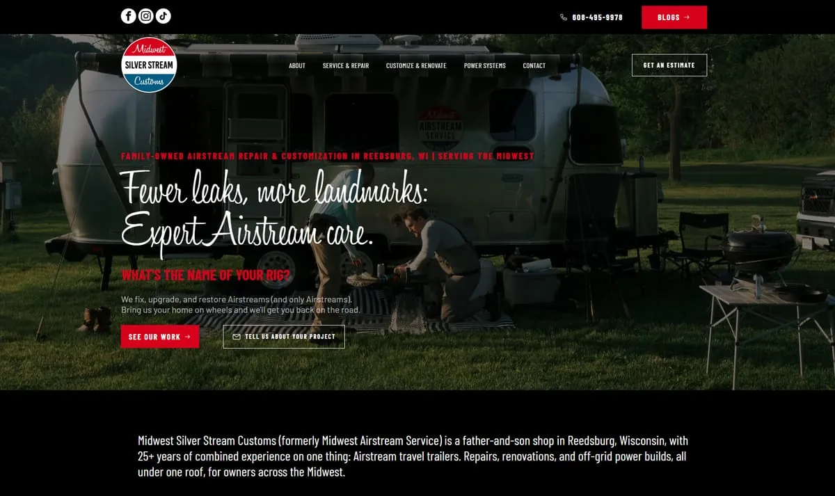 Home page of Midwest Silver Stream Customs, showing an Airstream parked at a wooded campsite behind the headline Fewer leaks, more landmarks: Expert Airstream care