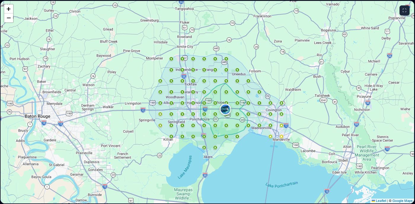 Ranking grid for the search "ponchatoula web design" showing Cre8 My Site in the top position at every measured point across the area