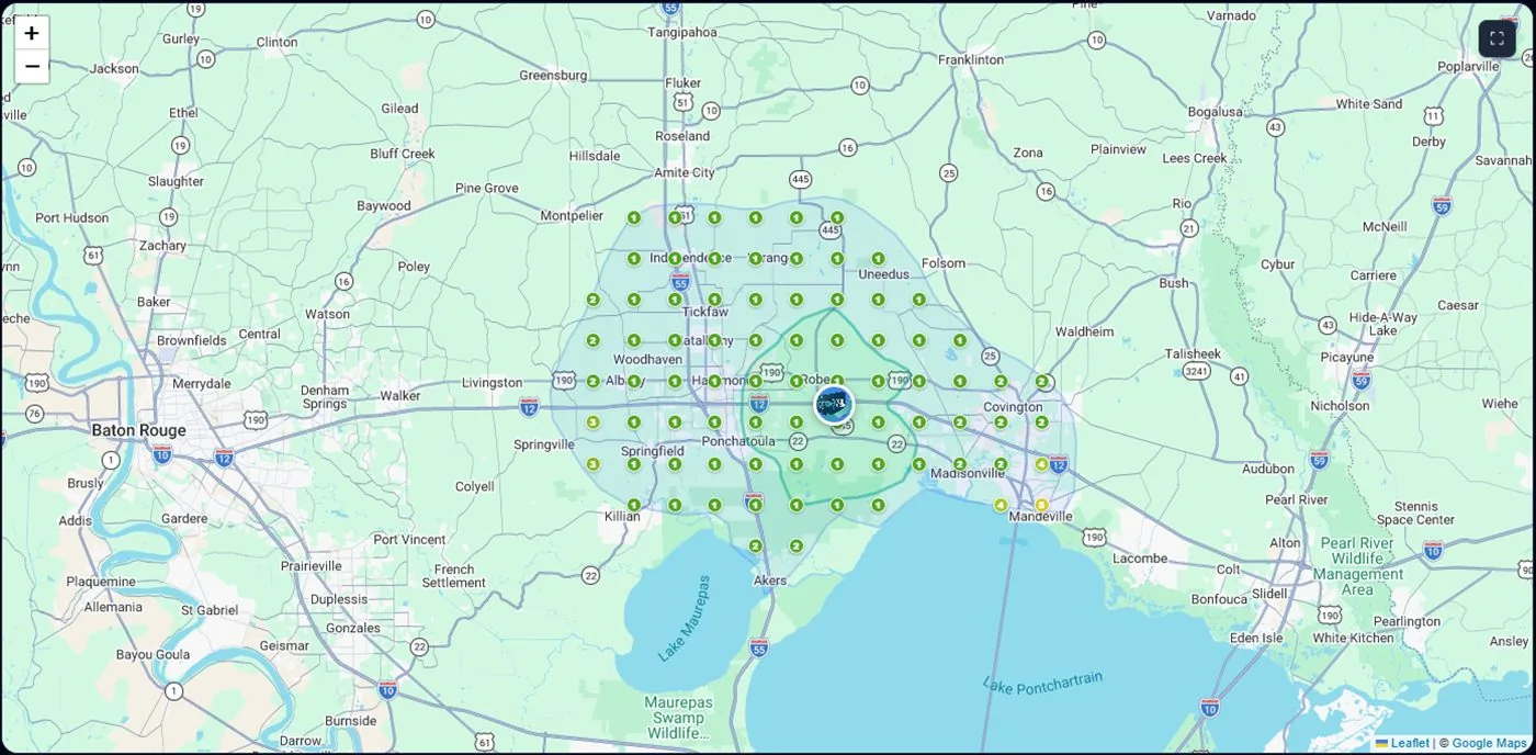 Ranking grid for the search "ponchatoula web design" showing Cre8 My Site in the top position at every measured point across the area