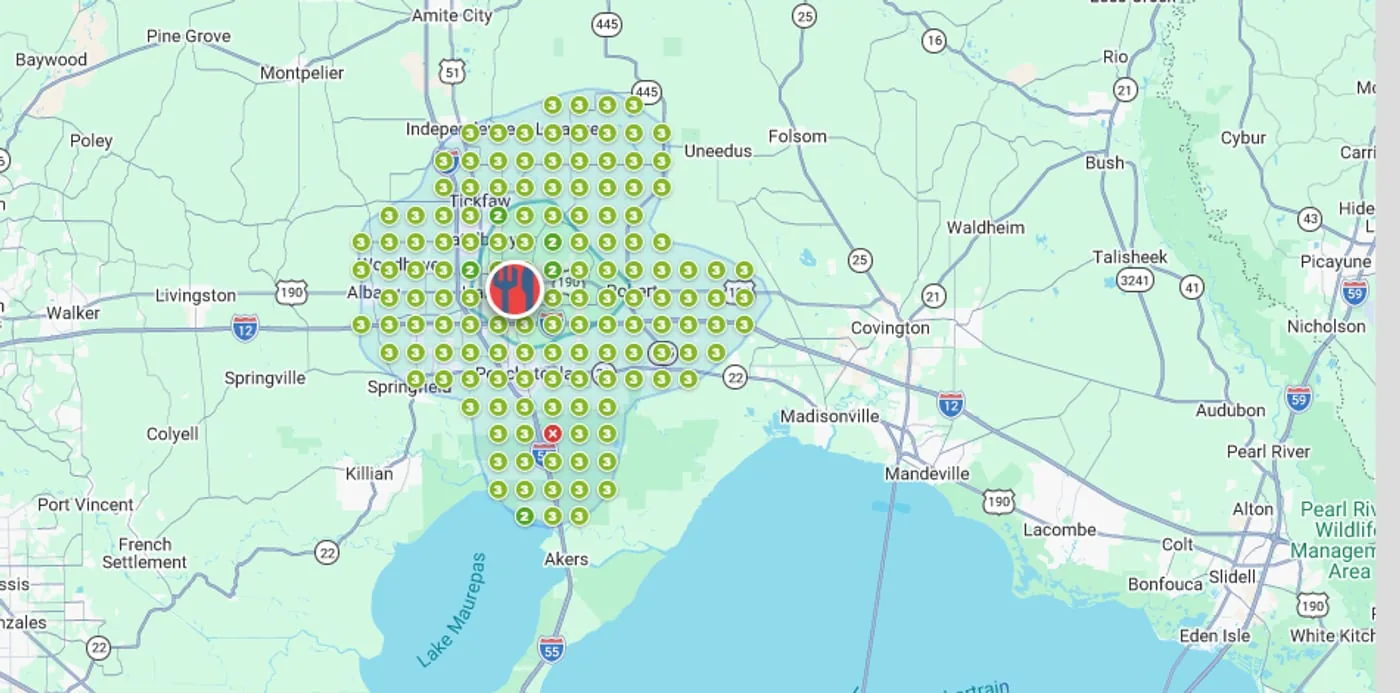 A ranking grid covering a trade area from Hammond and Ponchatoula out to Covington and Mandeville, with a position measured at every point rather than a single number