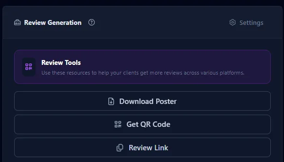 Review generation tools — a printable poster, a QR code, and a direct review link