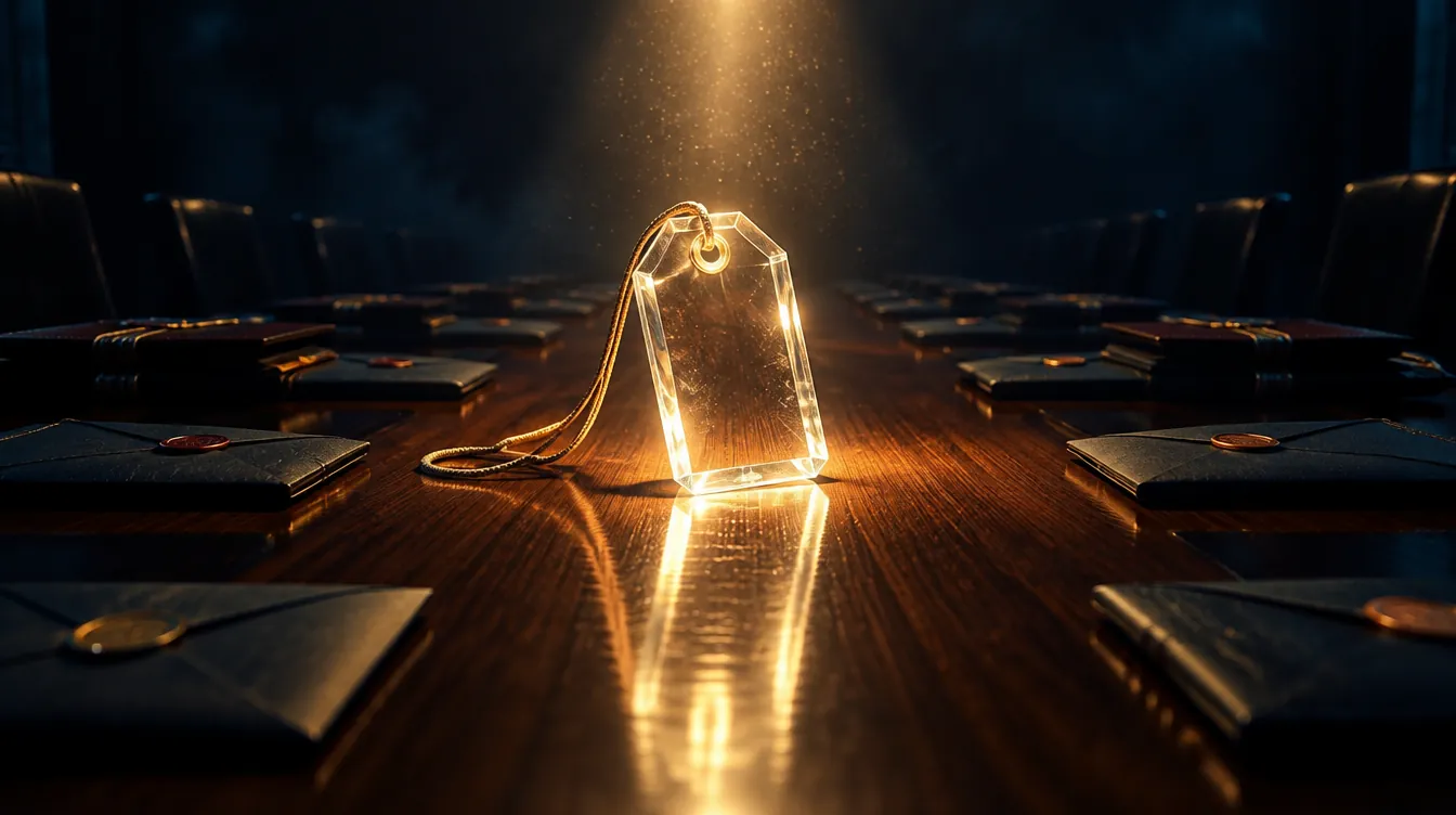 A glowing glass price tag lit from above on a dark boardroom table, ringed by sealed envelopes