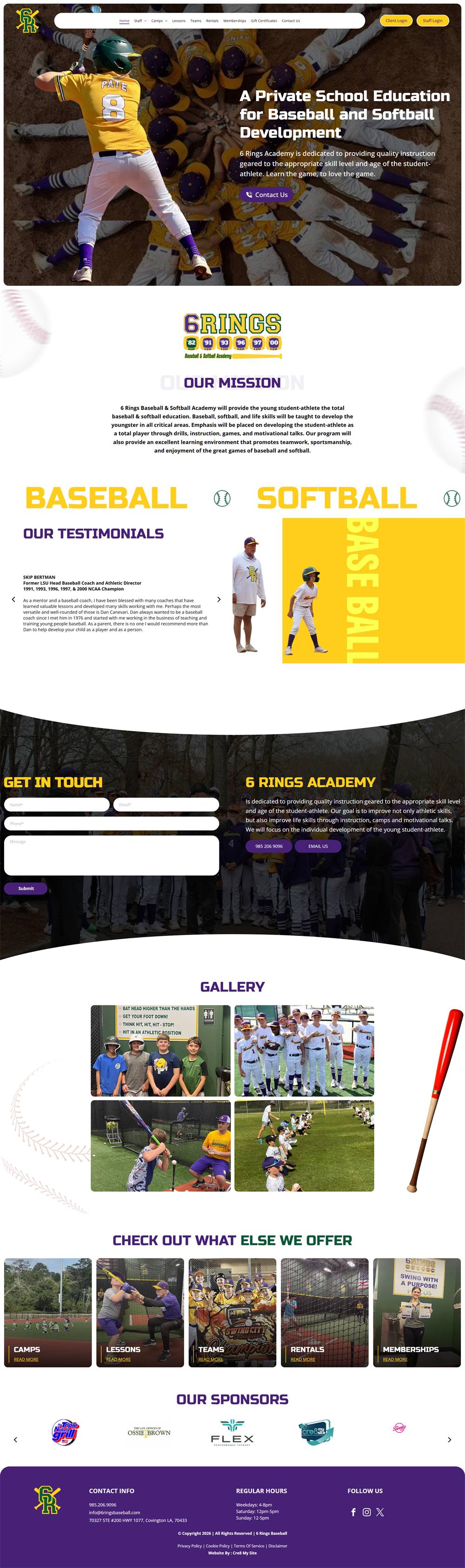 6 Rings Baseball Academy website built by Cre8 My Site