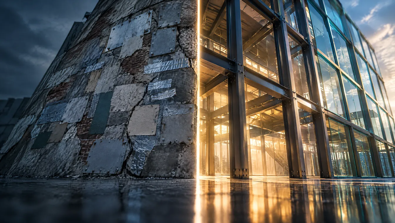 A weathered concrete wall covered in mismatched patches and duct tape meeting a clean steel and glass structure lit from within